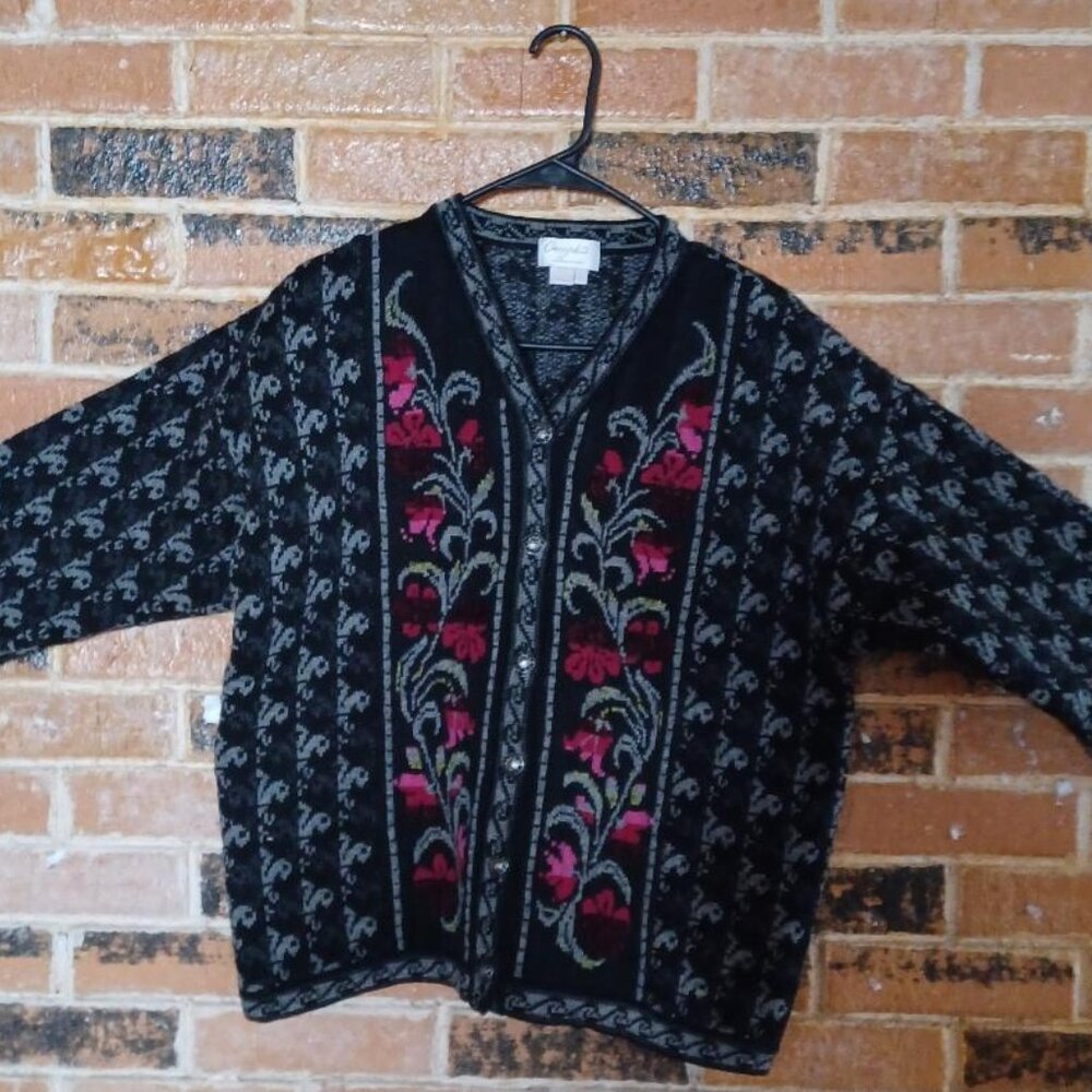 Cherry Lewis Vintage 100% Wool Floral Panel Sweater